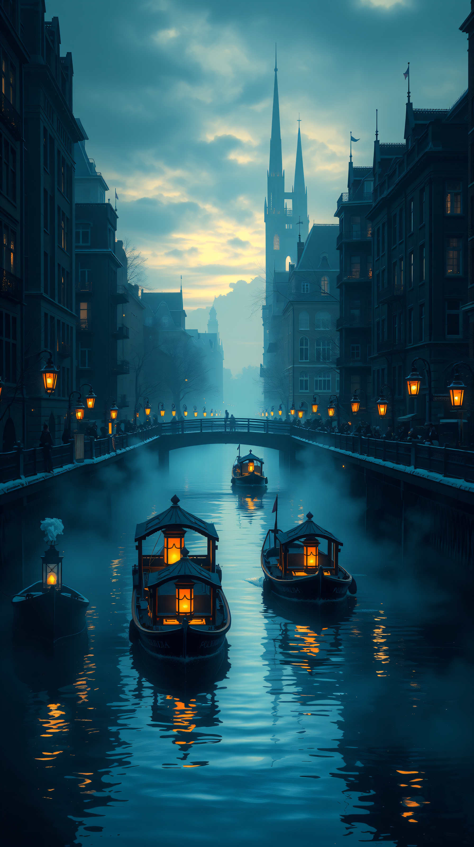 Misty Canal City at Dusk with Lantern Boats, canal city, dusk, lantern boats, fantasy cityscape, misty, mystical