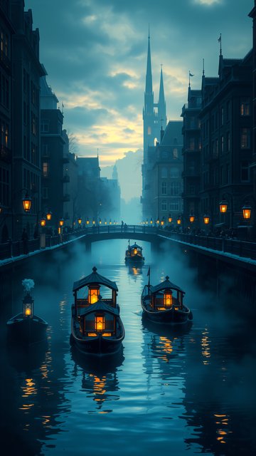 Misty Canal City at Dusk with Lantern Boats