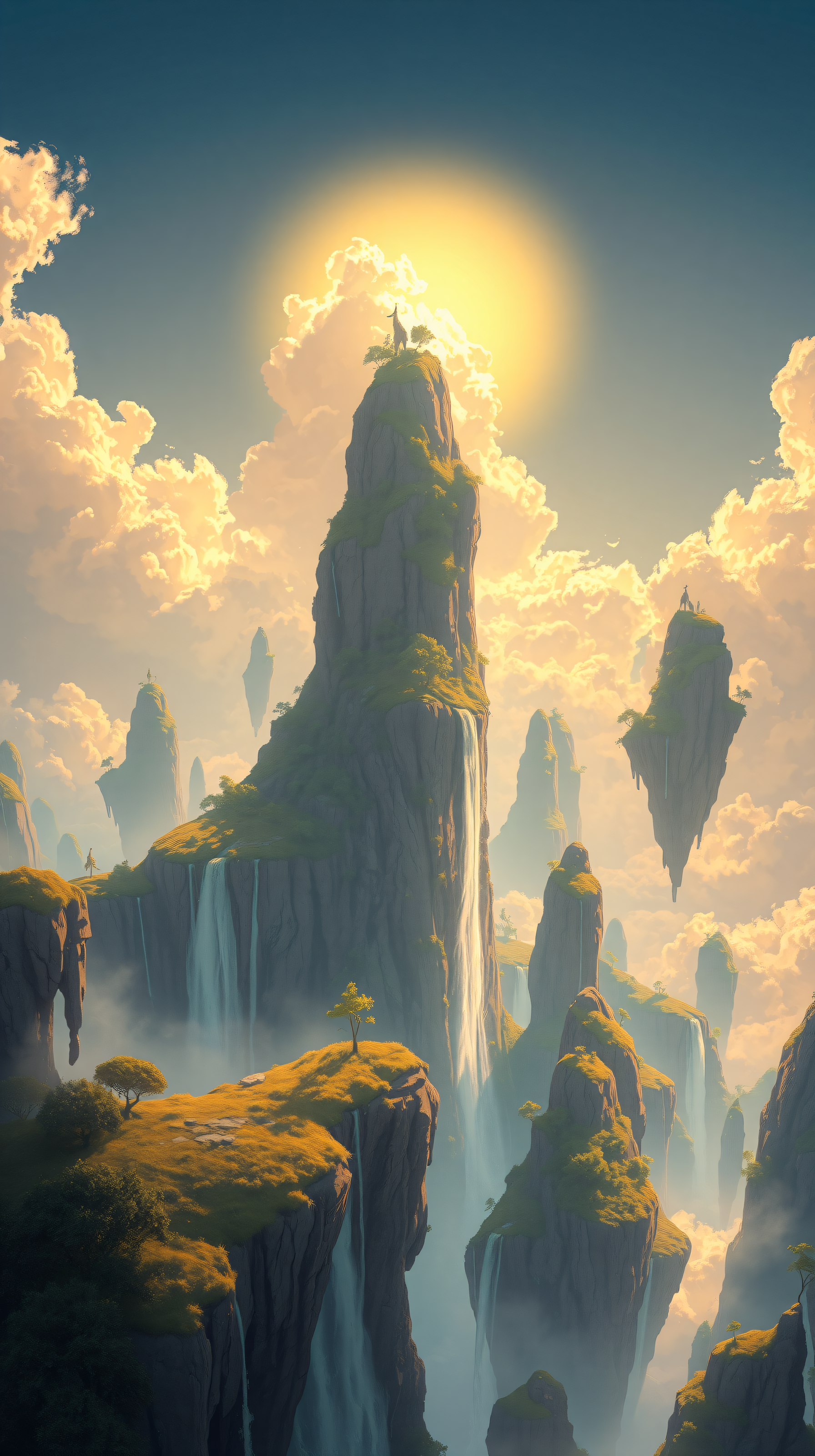 Floating Islands Waterfall Fantasy Landscape, floating islands, fantasy landscape, waterfalls, dreamy, golden light, misty