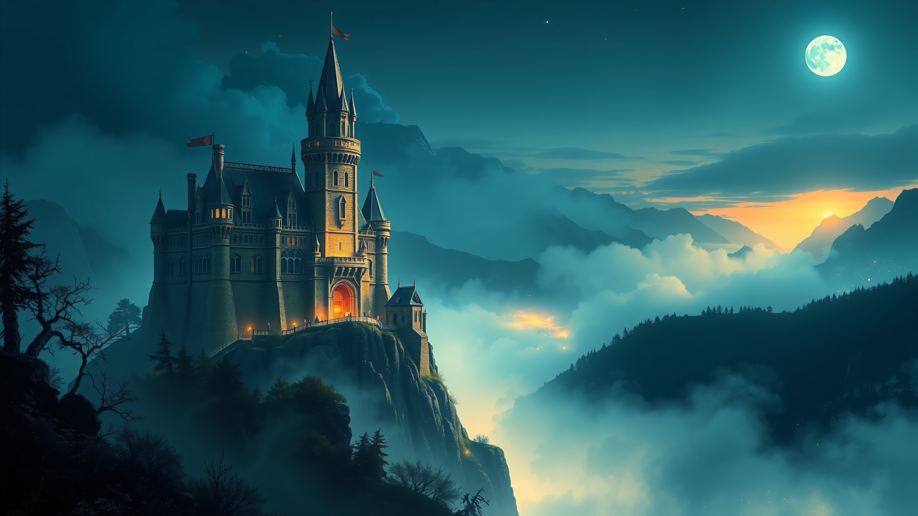 Fantasy Castle on Cliff at Misty Moonrise, fantasy castle, moonrise, misty mountains, digital art, teal blue orange, magical