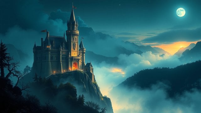 Fantasy Castle on Cliff at Misty Moonrise