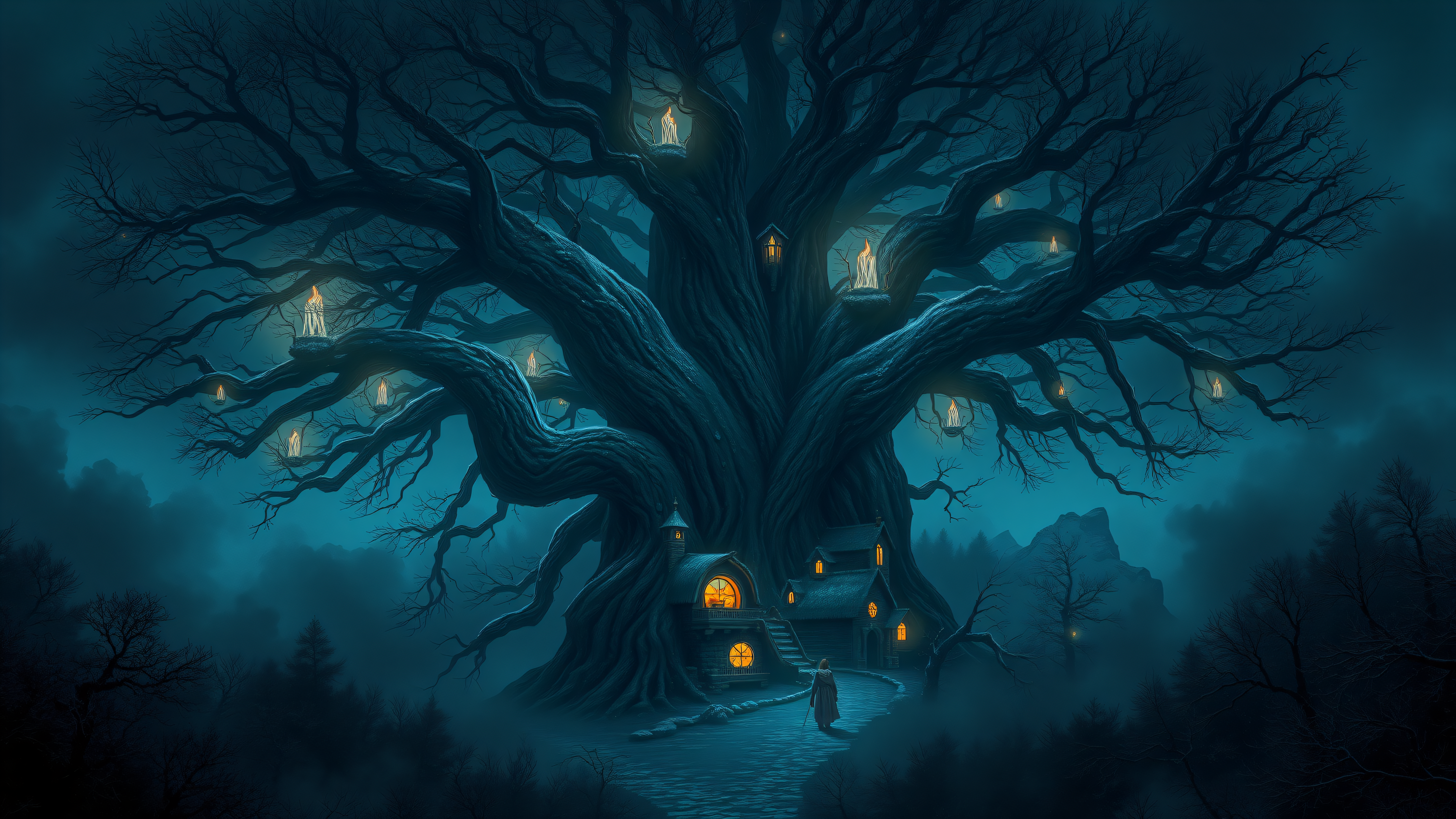 Enchanted Tree Village Night, Teal & Gold Fantasy, fantasy tree, enchanted forest, tree village, night scene, glowing lanterns, teal blue