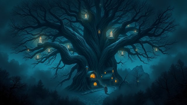 Enchanted Tree Village Night, Teal & Gold Fantasy
