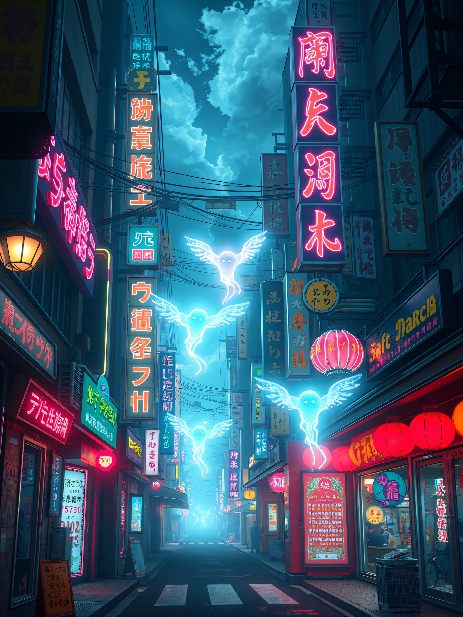 Neon Cyberpunk Alley with Glowing Spirits, cyberpunk, neon lights, urban fantasy, city street, glowing spirits, japan