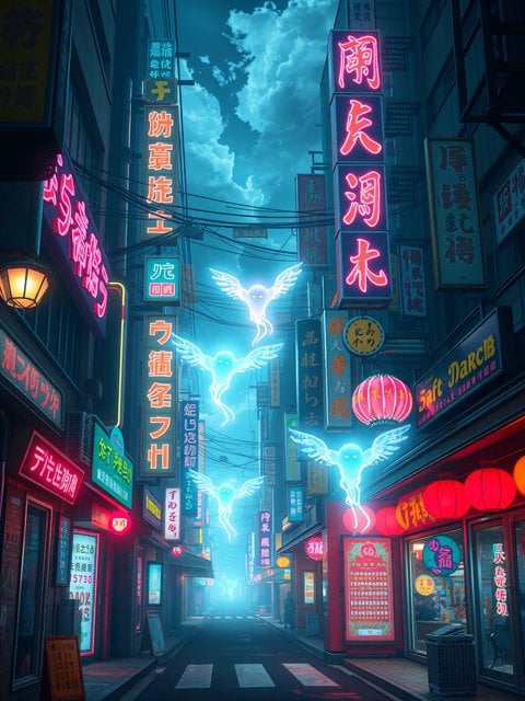Neon Cyberpunk Alley with Glowing Spirits
