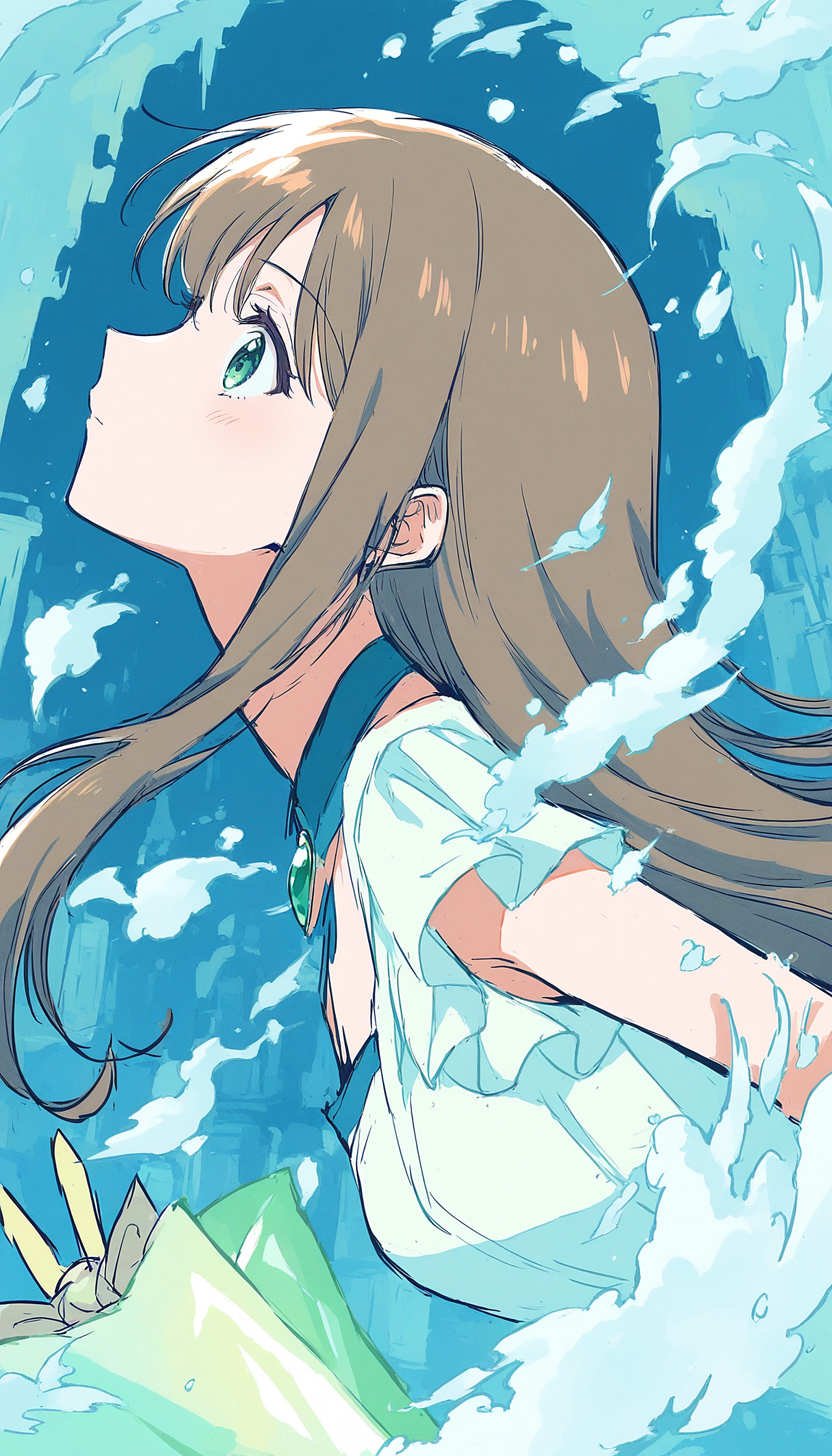 Anime Girl Skyward Gaze with Blue Hues, anime girl, manga, blue aesthetic, dreamy, fantasy art, illustration
