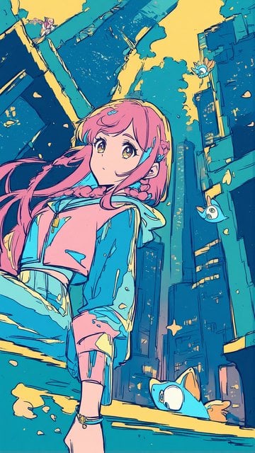 Anime Girl Cityscape Pastel Sky Phone Wallpaper