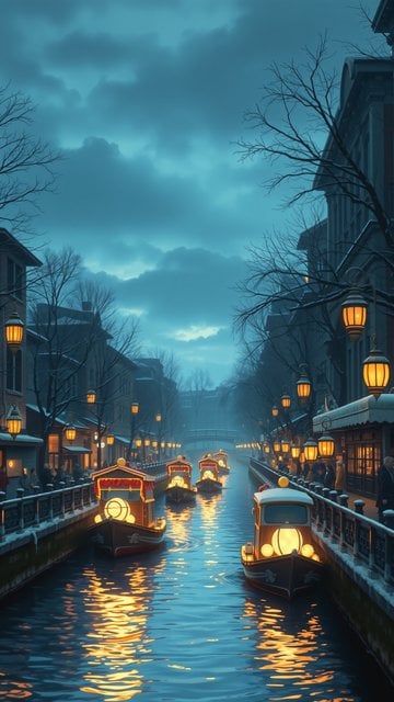 Winter Canal Boats Night Scene Wallpaper