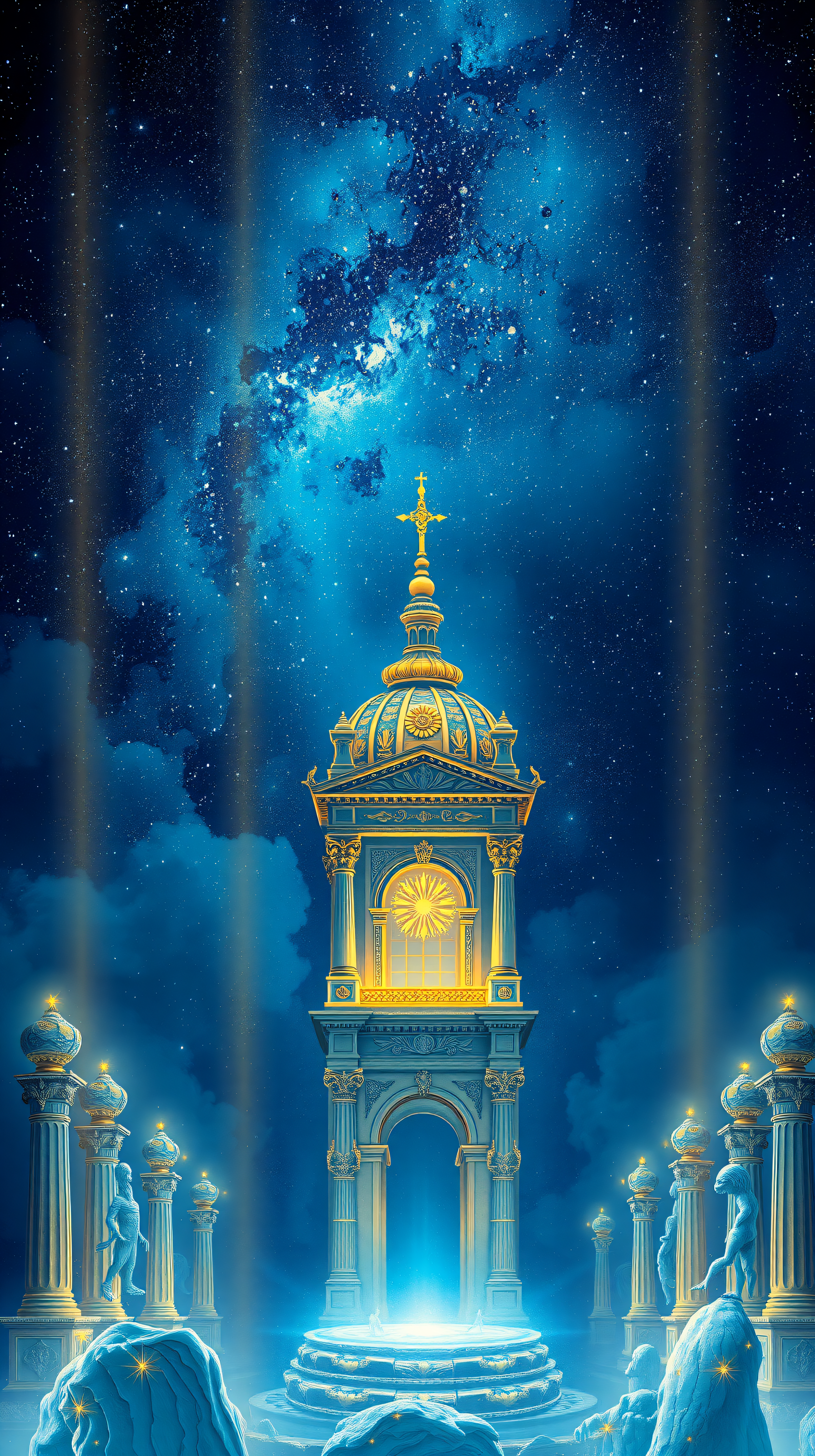 Celestial Temple Clock Tower Fantasy Night Sky, fantasy, celestial, clock tower, temple, night sky, stars