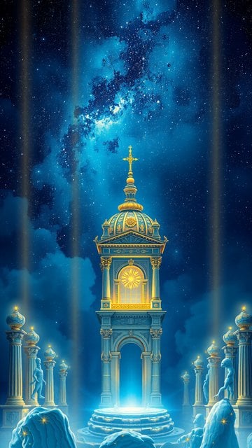 Celestial Temple Clock Tower Fantasy Night Sky