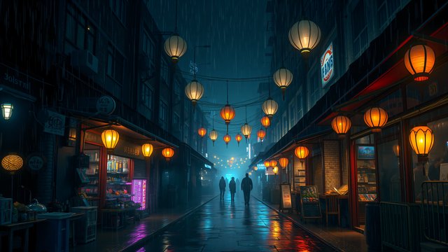 Rainy Asian Night Market Street with Lanterns
