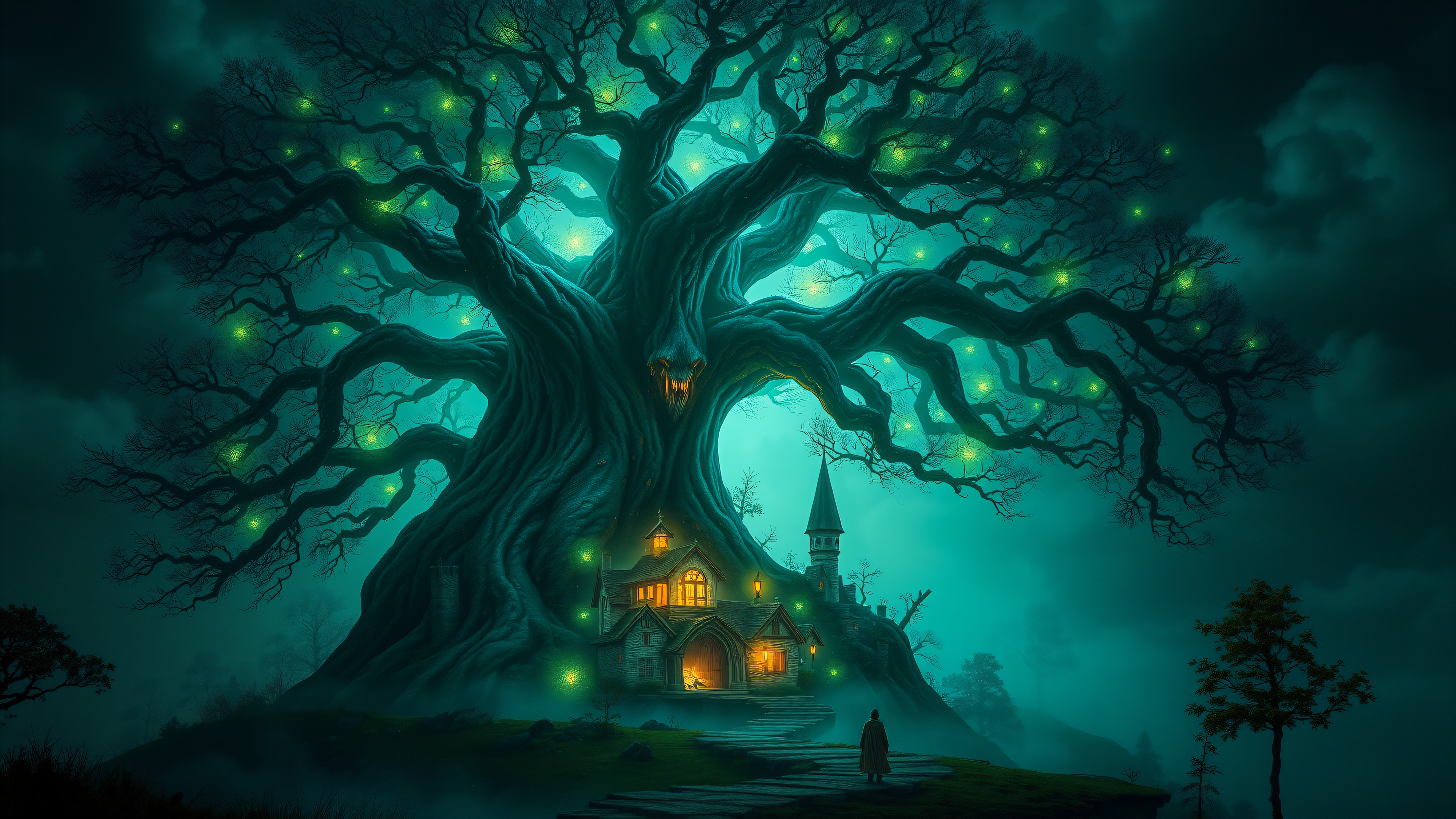 Enchanted Tree House Night Fantasy Wallpaper, enchanted forest, fantasy tree, tree house, night scene, glowing lights, dark fantasy