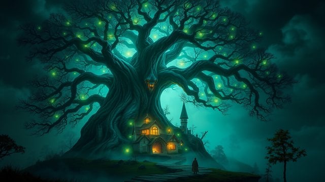 Enchanted Tree House Night Fantasy Wallpaper