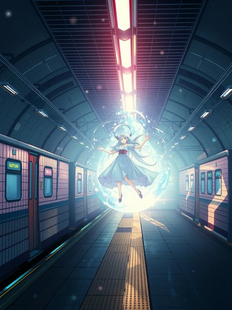Anime Girl Glowing Orb Subway Station Fantasy