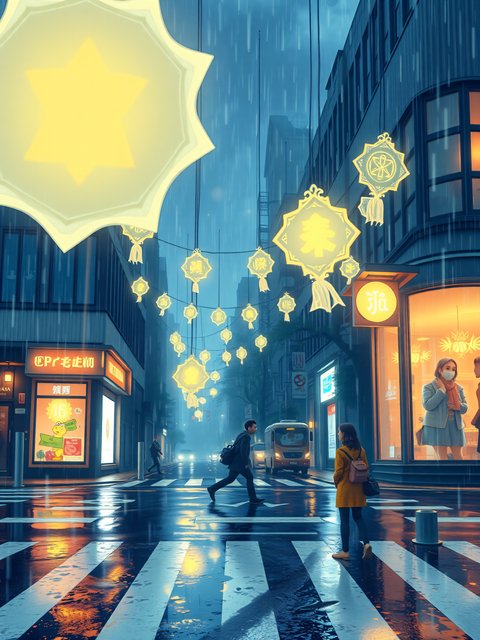 Rainy City Night with Glowing Lanterns
