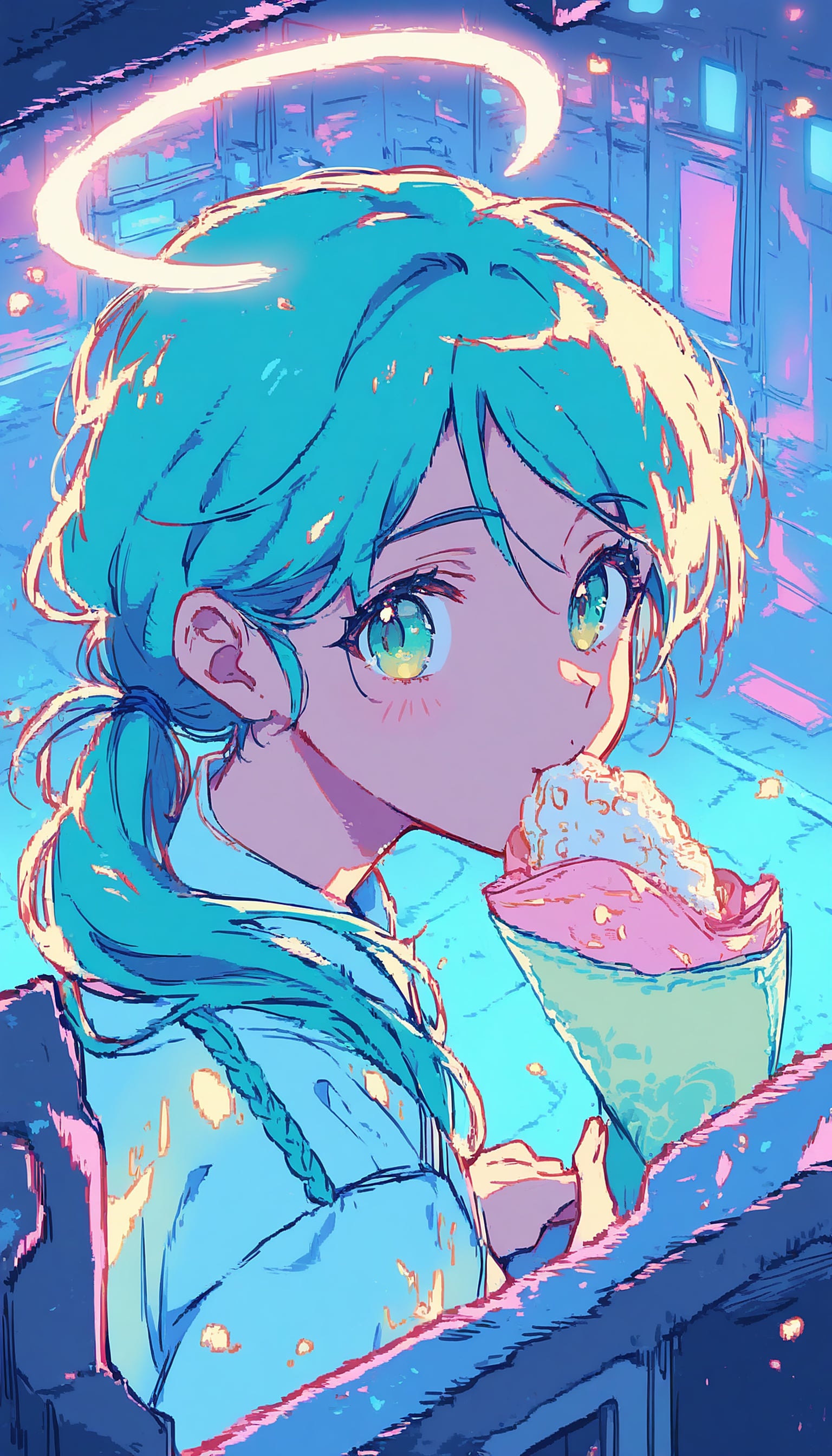 Anime Girl Eating Shaved Ice with Halo Aesthetic, anime girl, shaved ice, halo, aesthetic, turquoise hair, kawaii