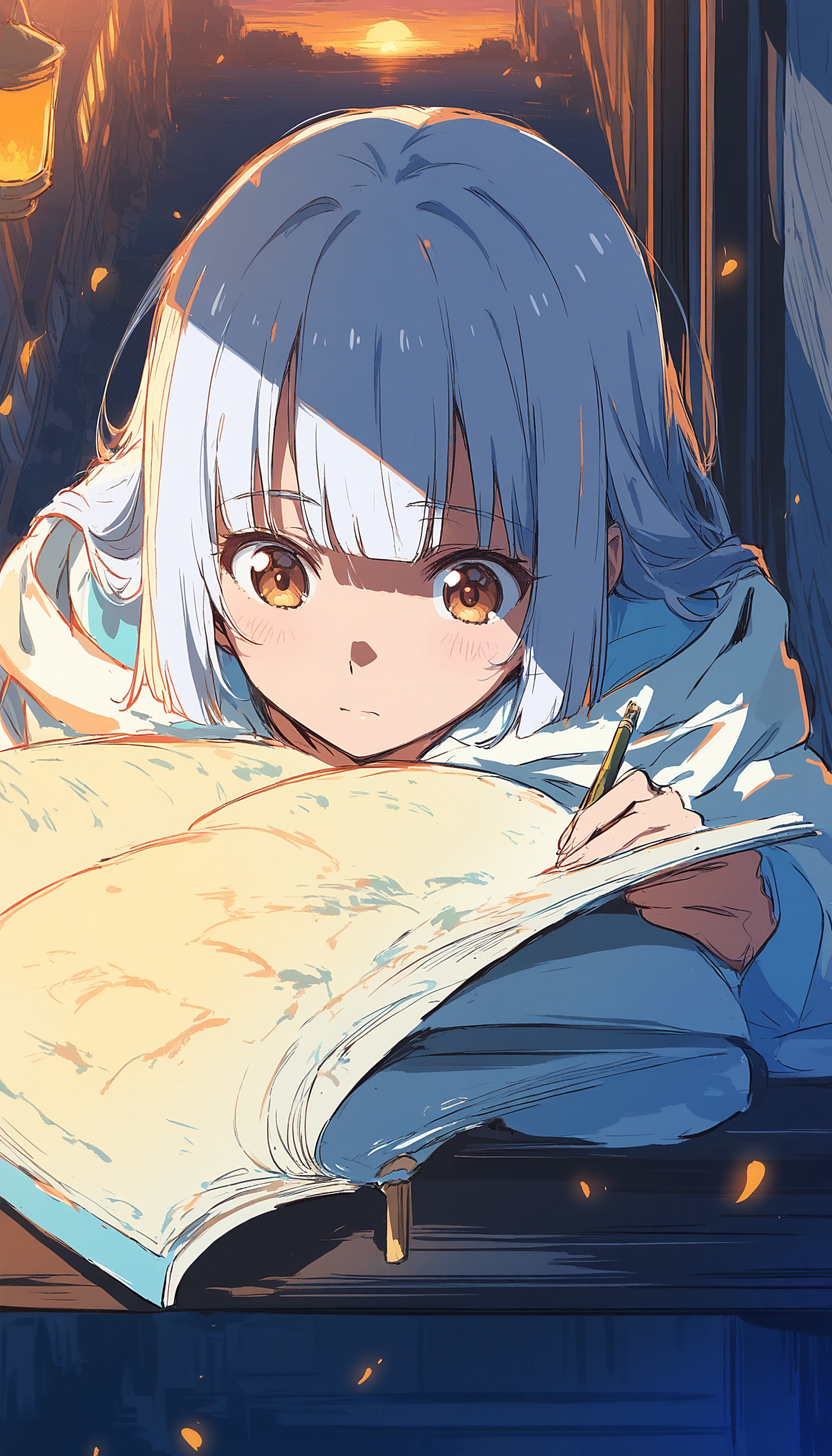 Anime Girl Writing at Sunset, Warm Glow, anime girl, writing, sunset, warm glow, cozy, anime style