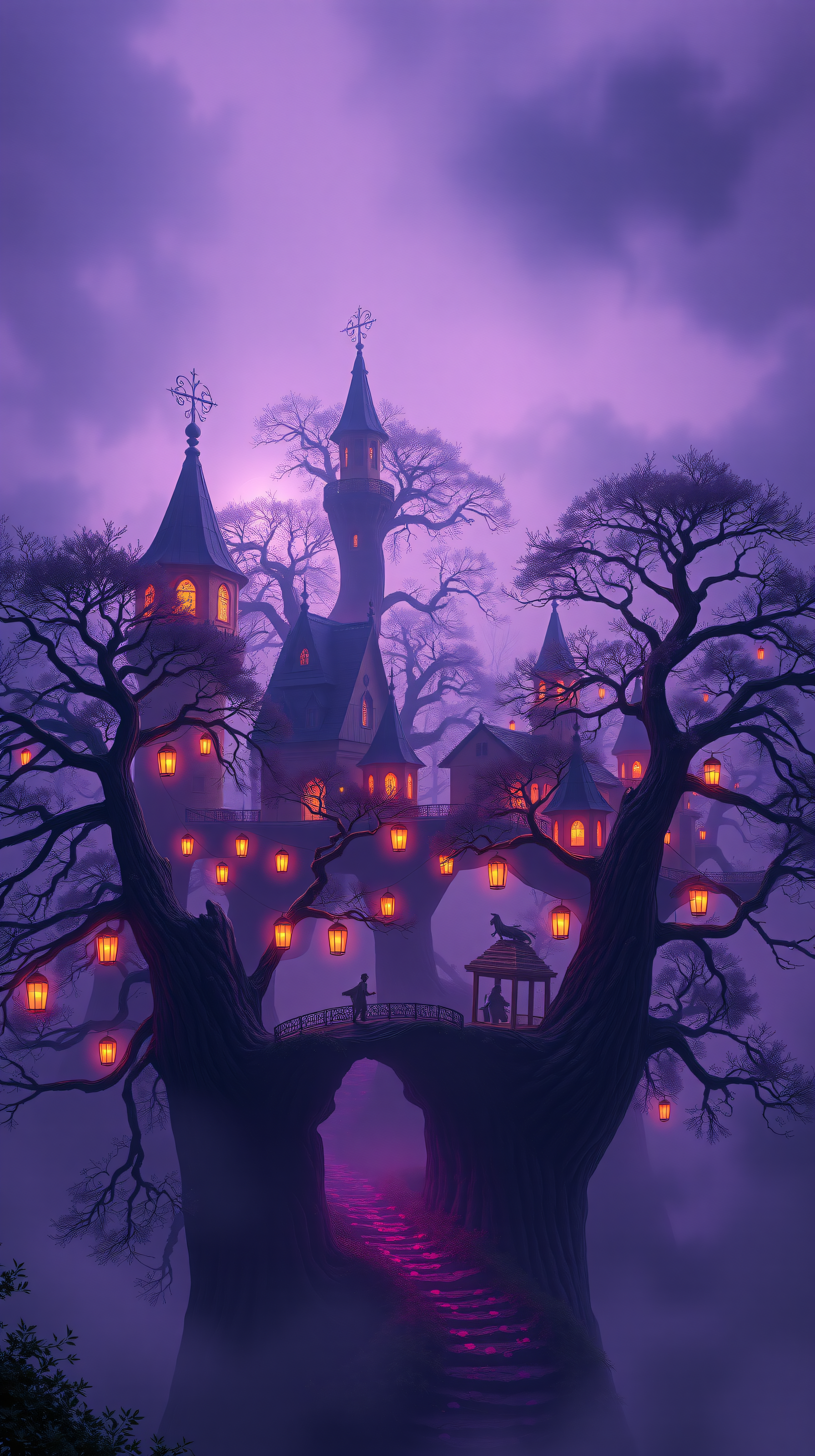 Misty Fantasy Tree Village with Glowing Lanterns, fantasy village, treehouse, glowing lanterns, purple aesthetic, misty night, magical forest