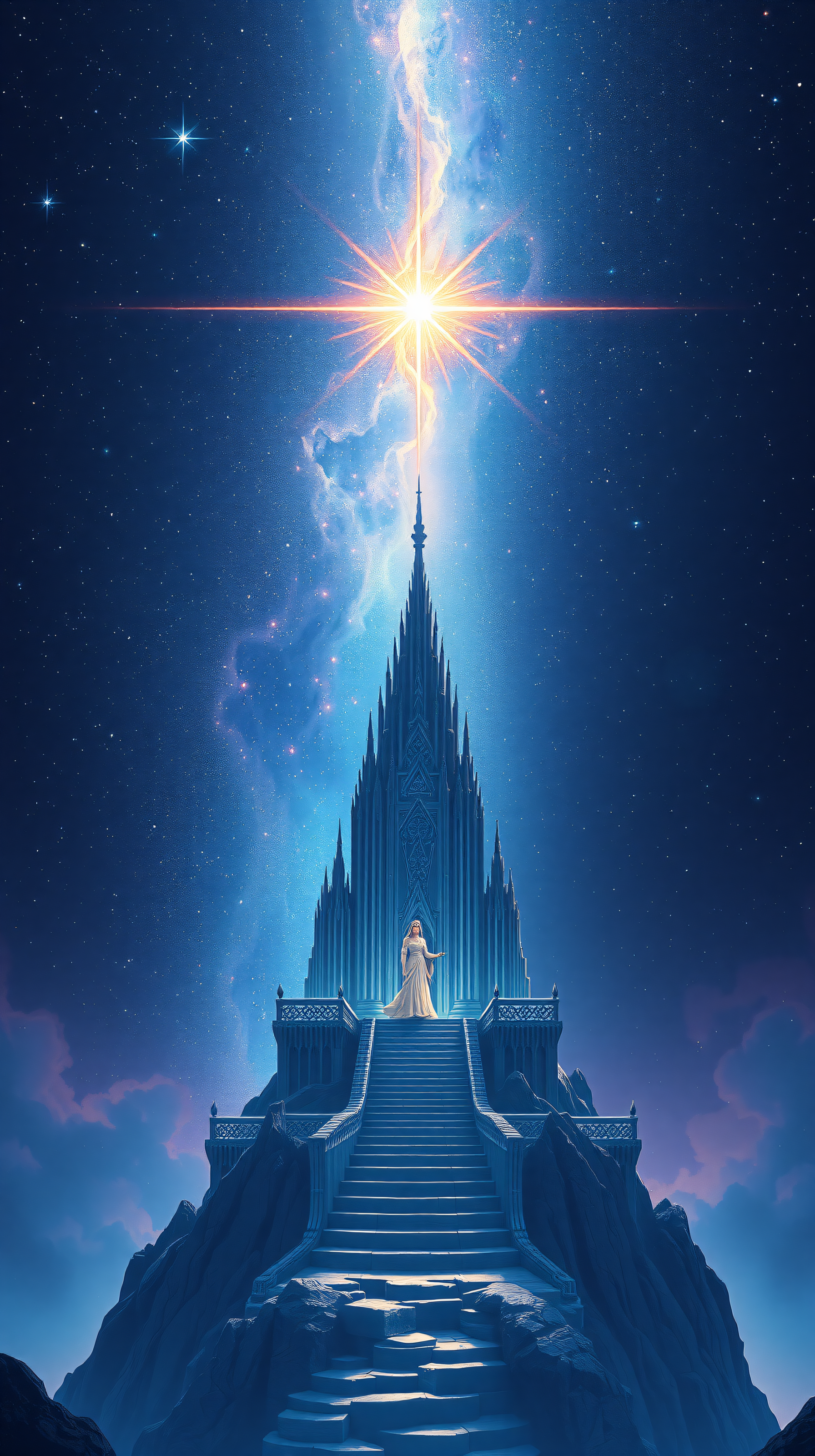 Celestial Castle with Guiding Star and Woman, celestial castle, fantasy, starlight, night sky, woman, mystical