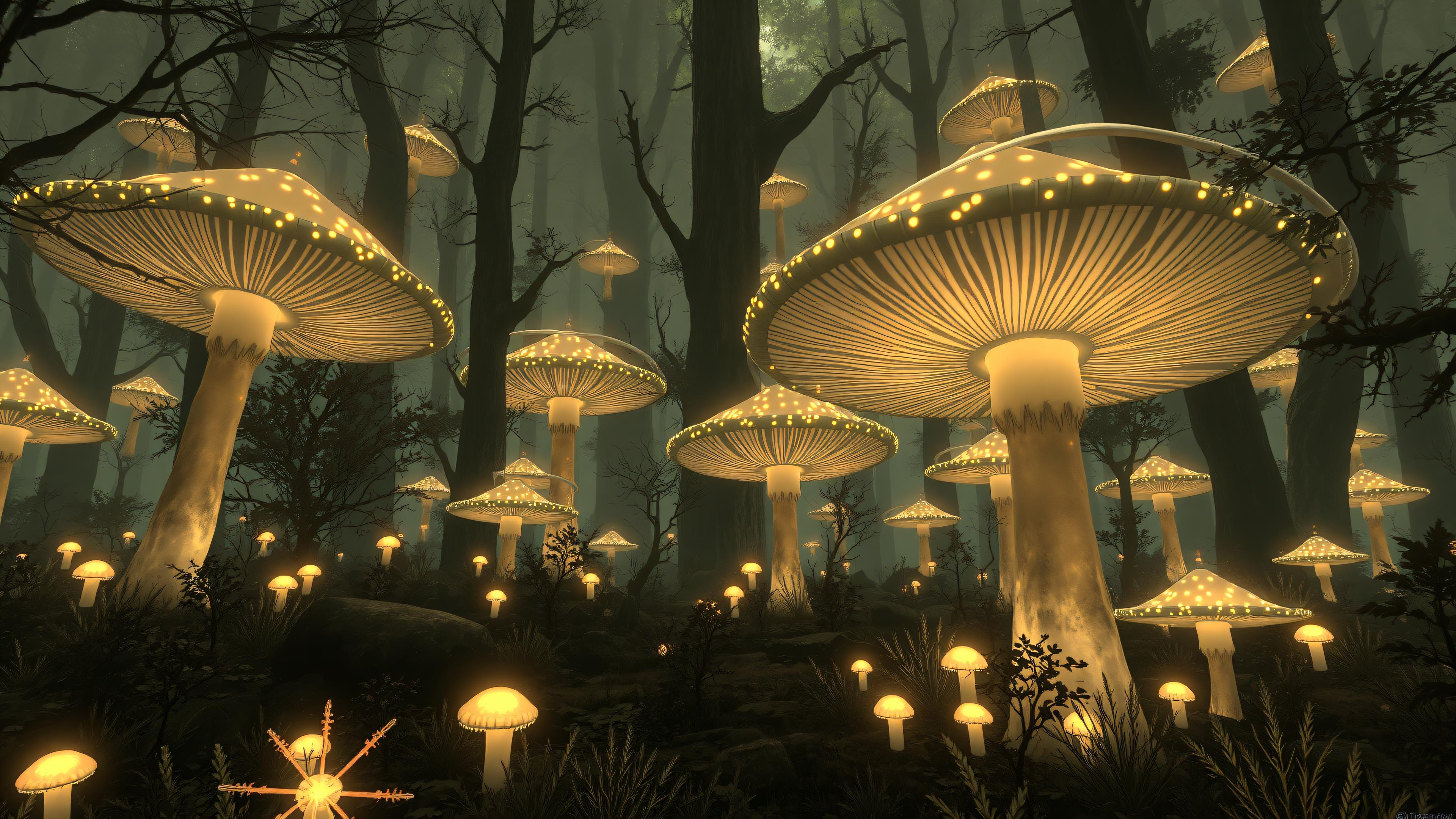Enchanted Forest with Glowing Mushrooms Wallpaper, glowing mushrooms, enchanted forest, fantasy forest, mystical, magical, fairy tale