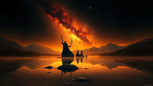Celestial Lake Ritual at Sunset Galaxy Night