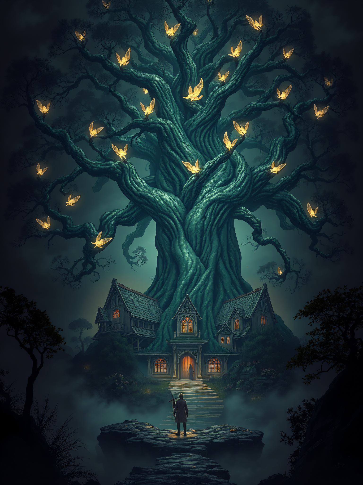 Mystic Tree House with Glowing Butterflies, fantasy, magic tree, tree house, glowing butterflies, mystical, dark fantasy