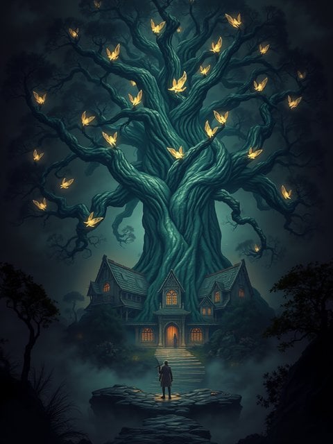 Mystic Tree House with Glowing Butterflies