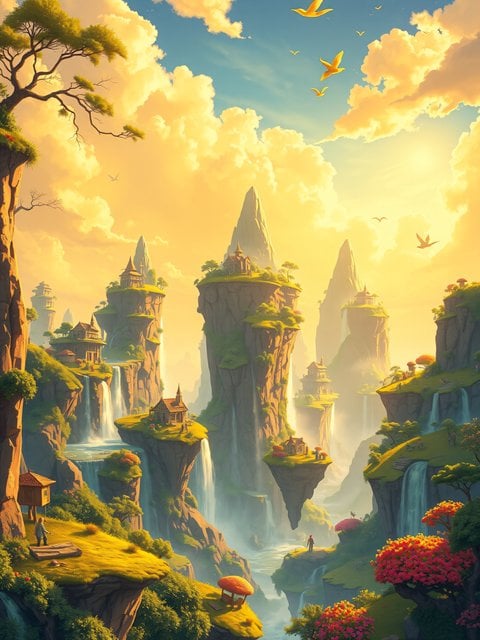 Fantasy Floating Islands Waterfall Sunrise