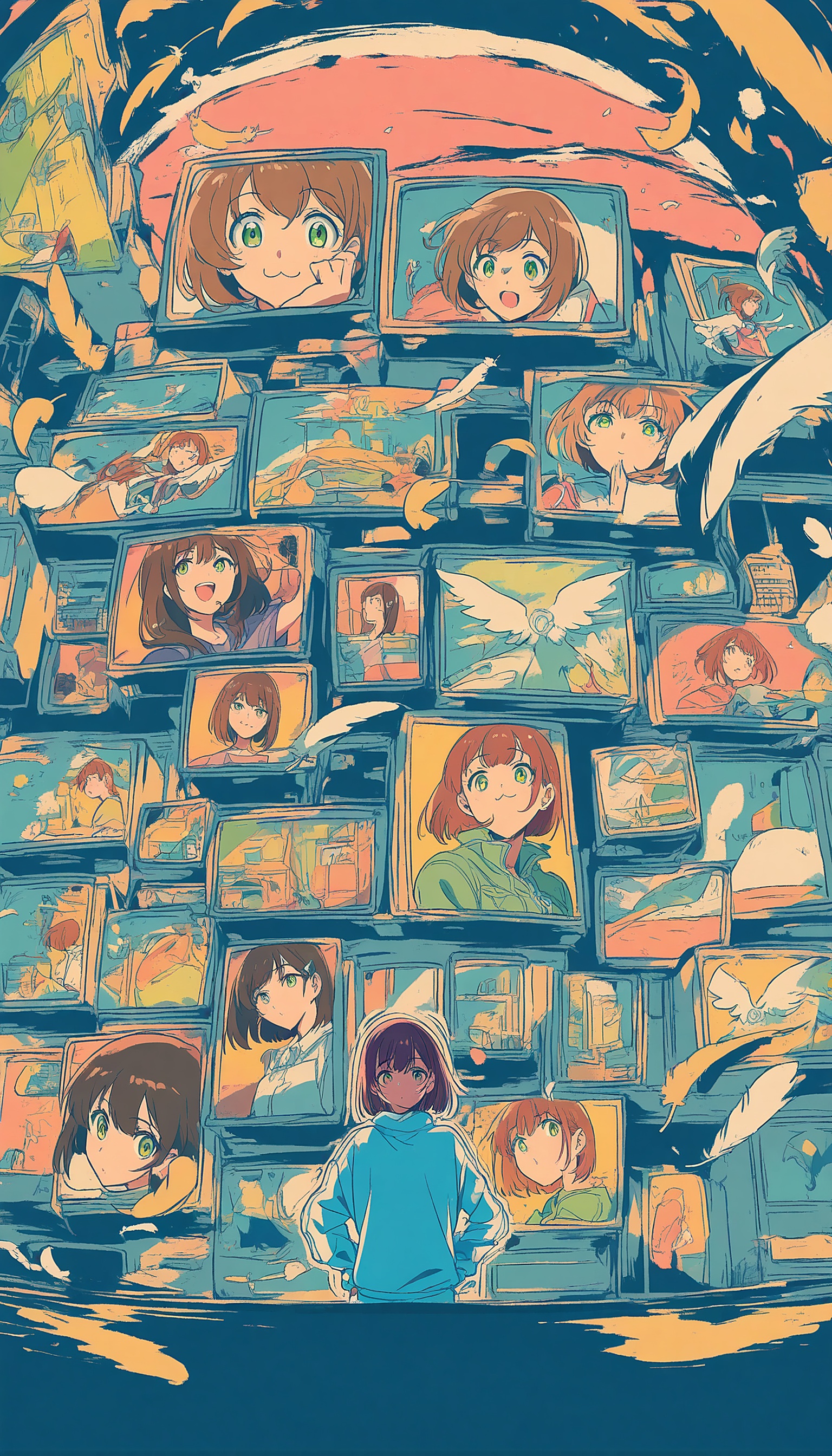 Anime Girl Amidst TV Screens & Feathers, anime girl, tv screens, feathers, digital art, animated style, blue