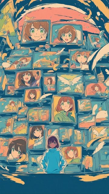 Anime Girl Amidst TV Screens & Feathers