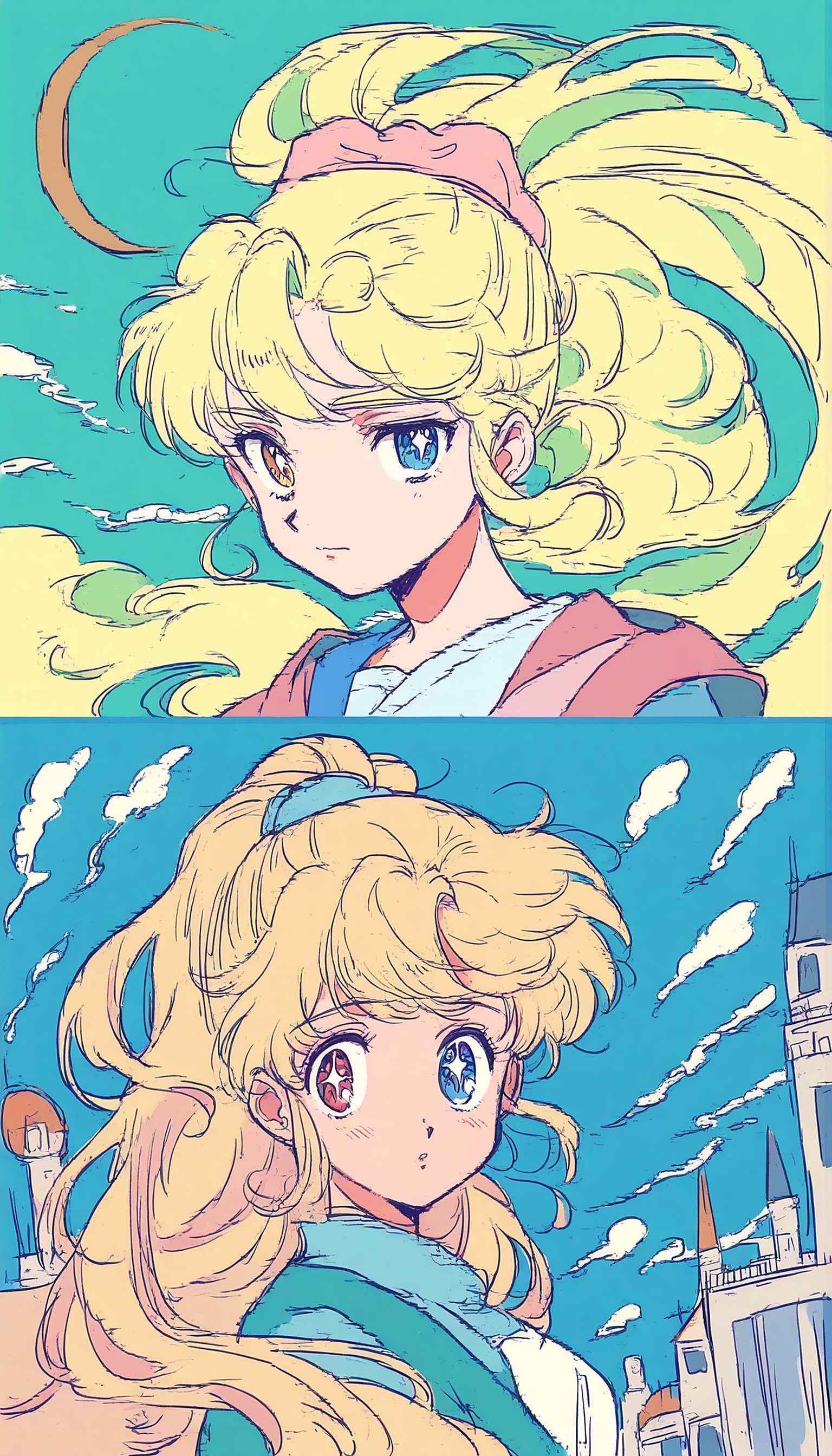 Anime Girl Double Portrait Blue Sky Wallpaper, anime girl, anime portrait, blonde hair, heterochromia, blue sky, cute anime