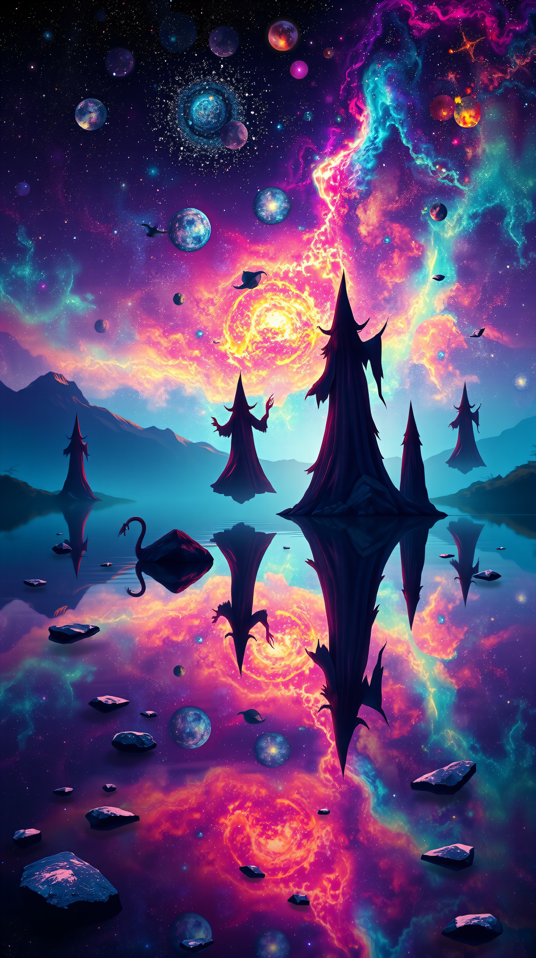 Cosmic Lake Witches Fantasy Nebula Wallpaper, fantasy, cosmic, nebula, witch, lake reflection, colorful