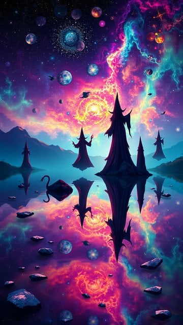 Cosmic Lake Witches Fantasy Nebula Wallpaper