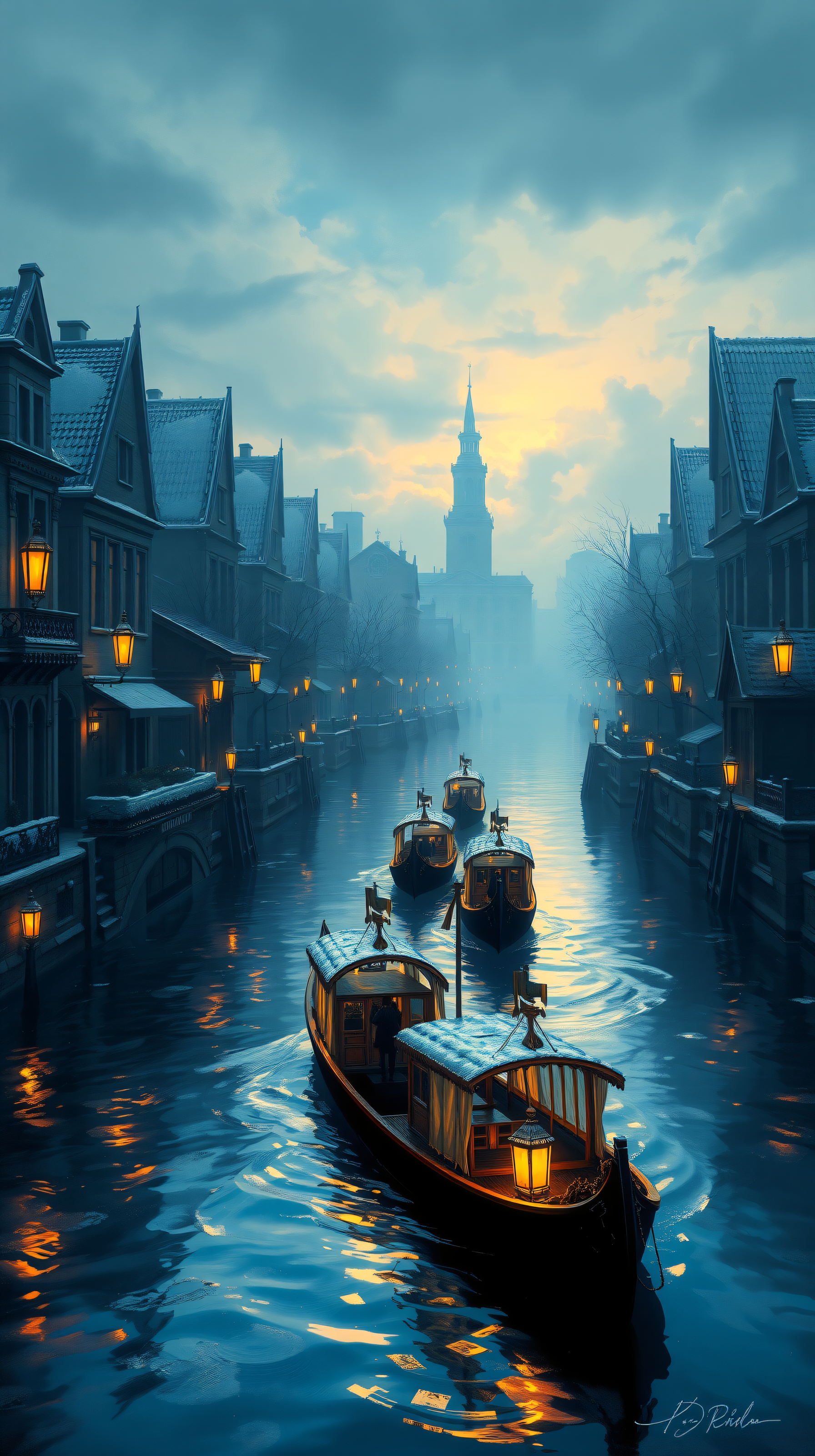 Winter Canal Boats at Sunset Cityscape, canal, winter city, gondola, sunset, evening, snow