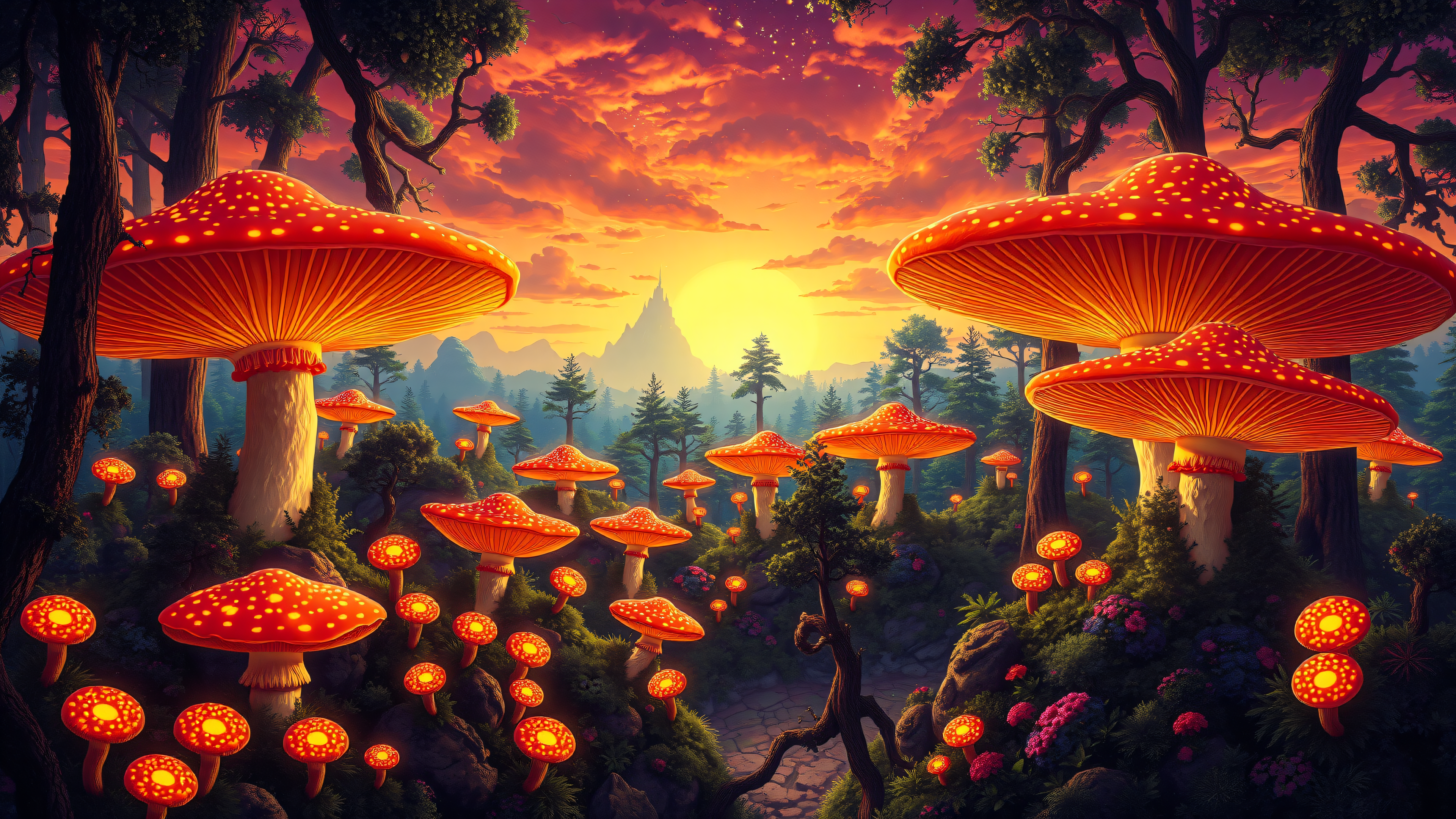 Fantasy Forest Glow Mushrooms Sunset Wallpaper, fantasy forest, glowing mushrooms, sunset, enchanted, magic, whimsical