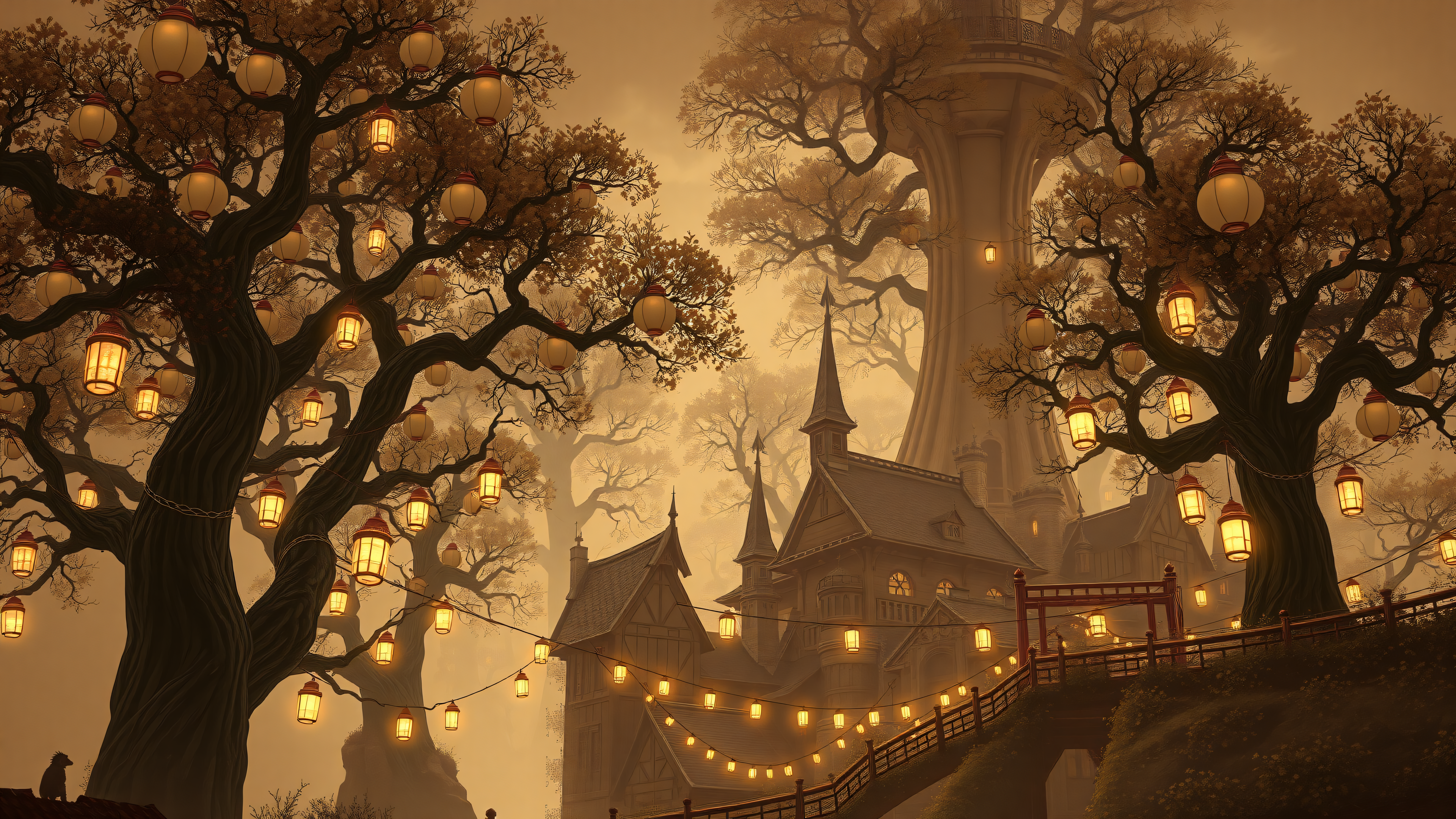 Fantasy Village Night with Lanterns and Giant Trees, fantasy village, lanterns, glowing trees, enchanted forest, night scene, storybook art