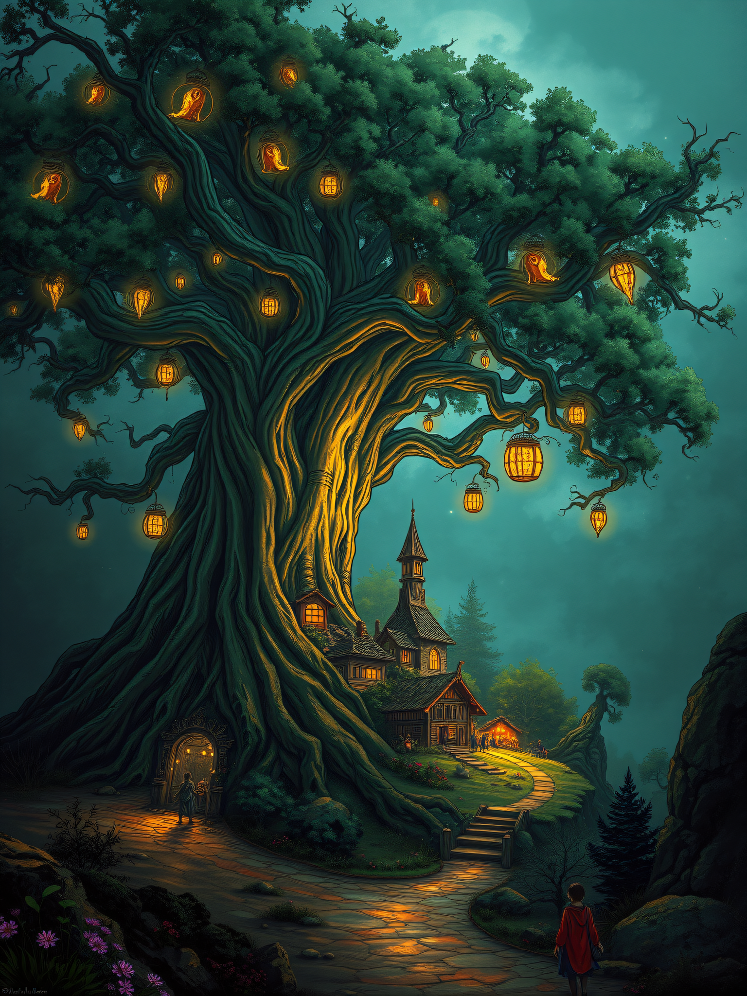 Enchanted Tree Village at Twilight Wallpaper, enchanted tree, fantasy village, magical forest, glowing lanterns, twilight scene, storybook art