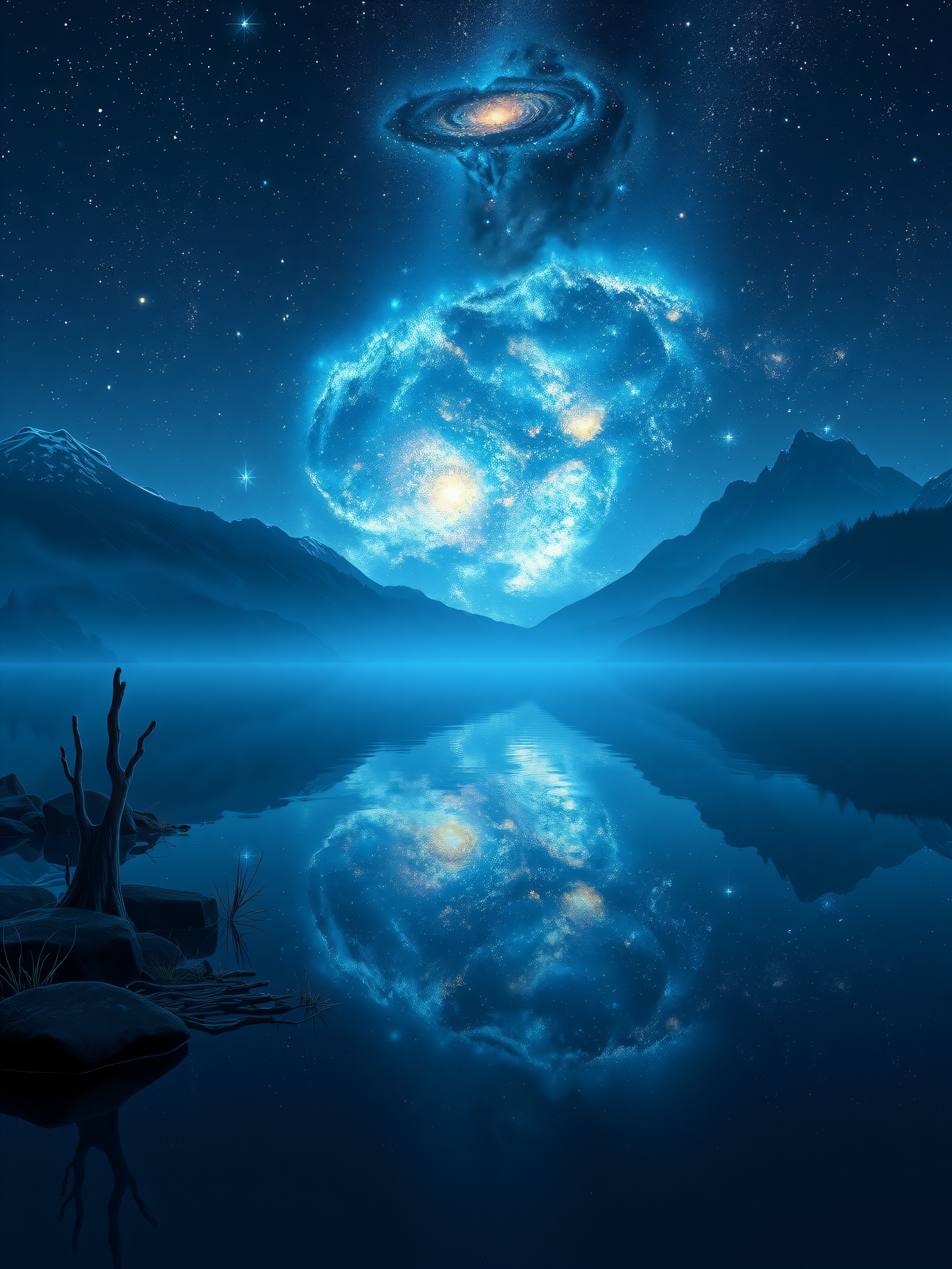 Cosmic Lake Reflection: Galaxy Night Sky Wallpaper, galaxy, cosmic, night sky, lake, mountains, reflection