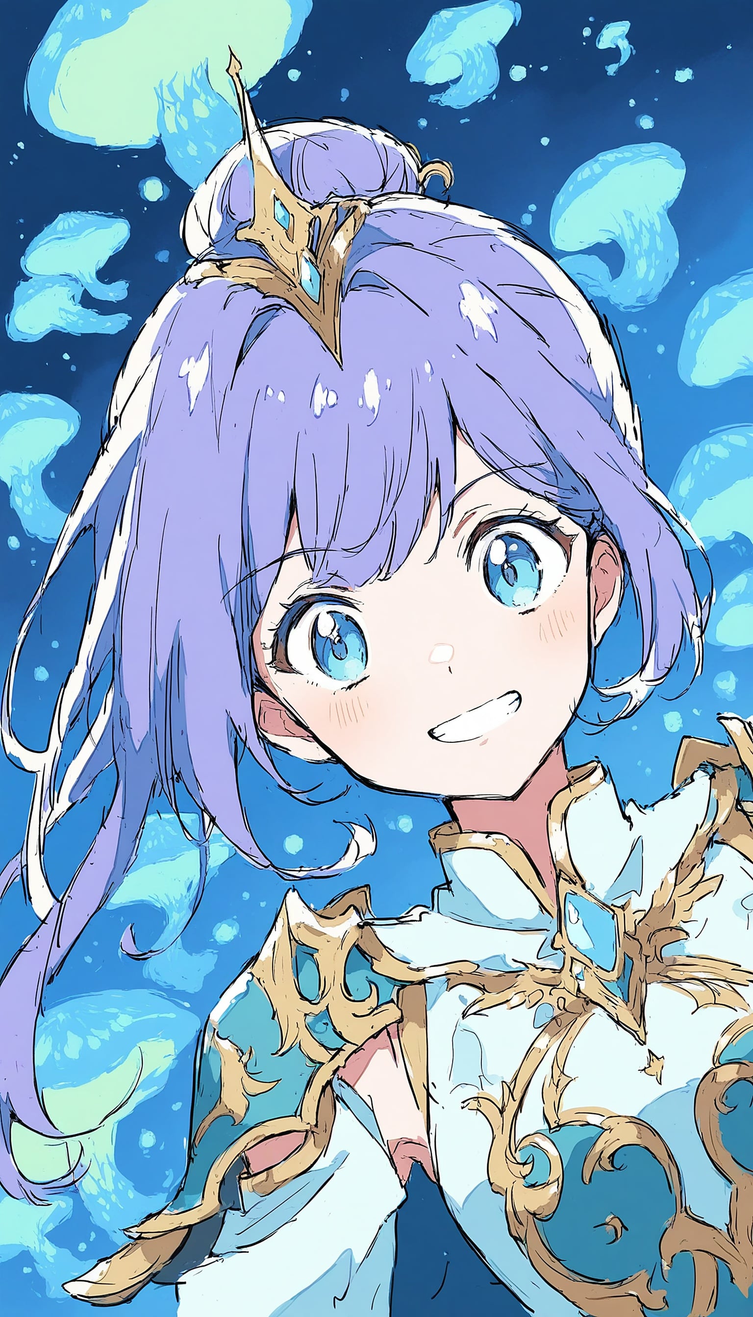 Anime Girl Smiling with Purple Hair and Crown, anime girl, lavender hair, blue eyes, fantasy crown, smiling, cute anime