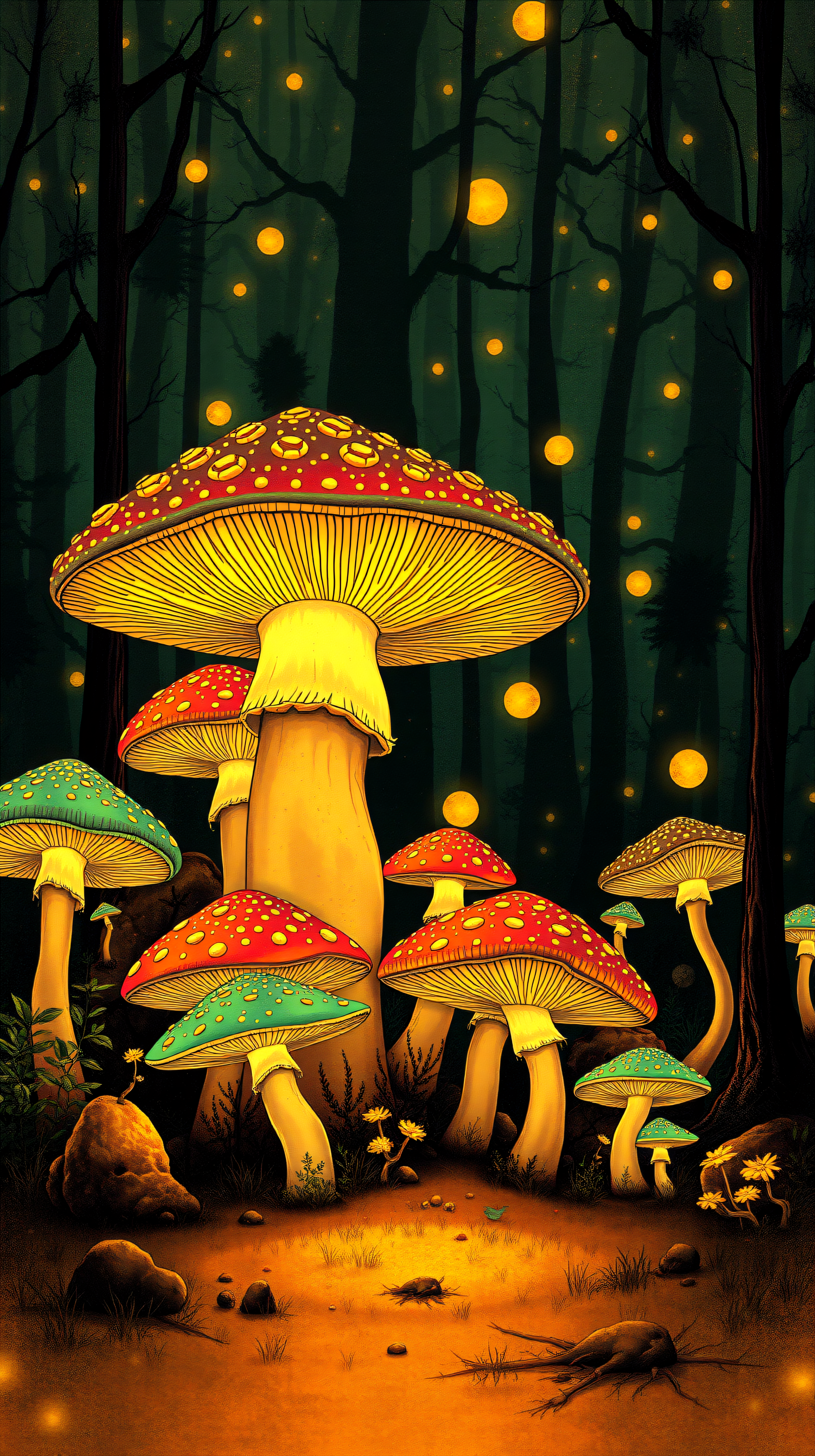Magical Forest Glowing Mushrooms Wallpaper, glowing mushrooms, fantasy forest, magical wallpaper, enchanted woods, dark aesthetic, mushroom art