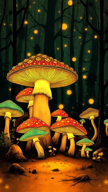 Magical Forest Glowing Mushrooms Wallpaper