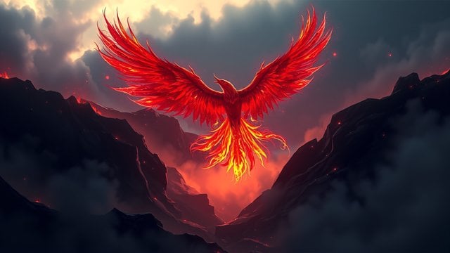 Fiery Phoenix Rising Over Volcanic Landscape