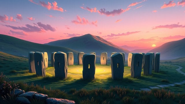 Mystic Stone Circle Sunset Meadow Wallpaper