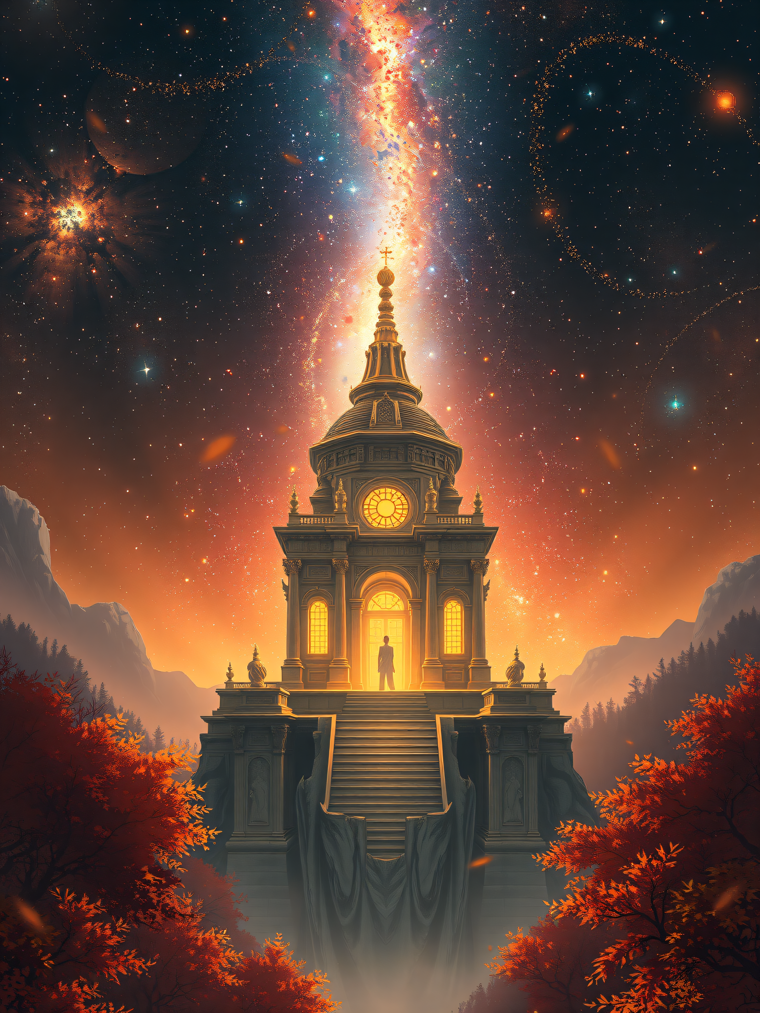 Cosmic Temple Gateway with Milky Way Sky, cosmic temple, fantasy landscape, milky way, galaxy, spiritual journey, celestial