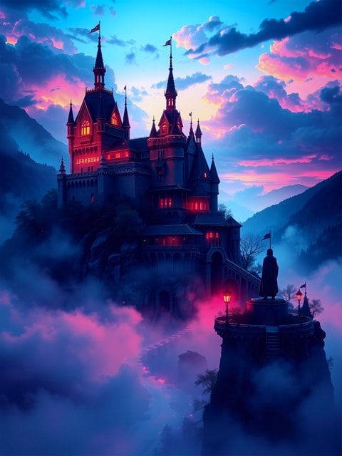 Fantasy Castle in Pink Fog at Sunset