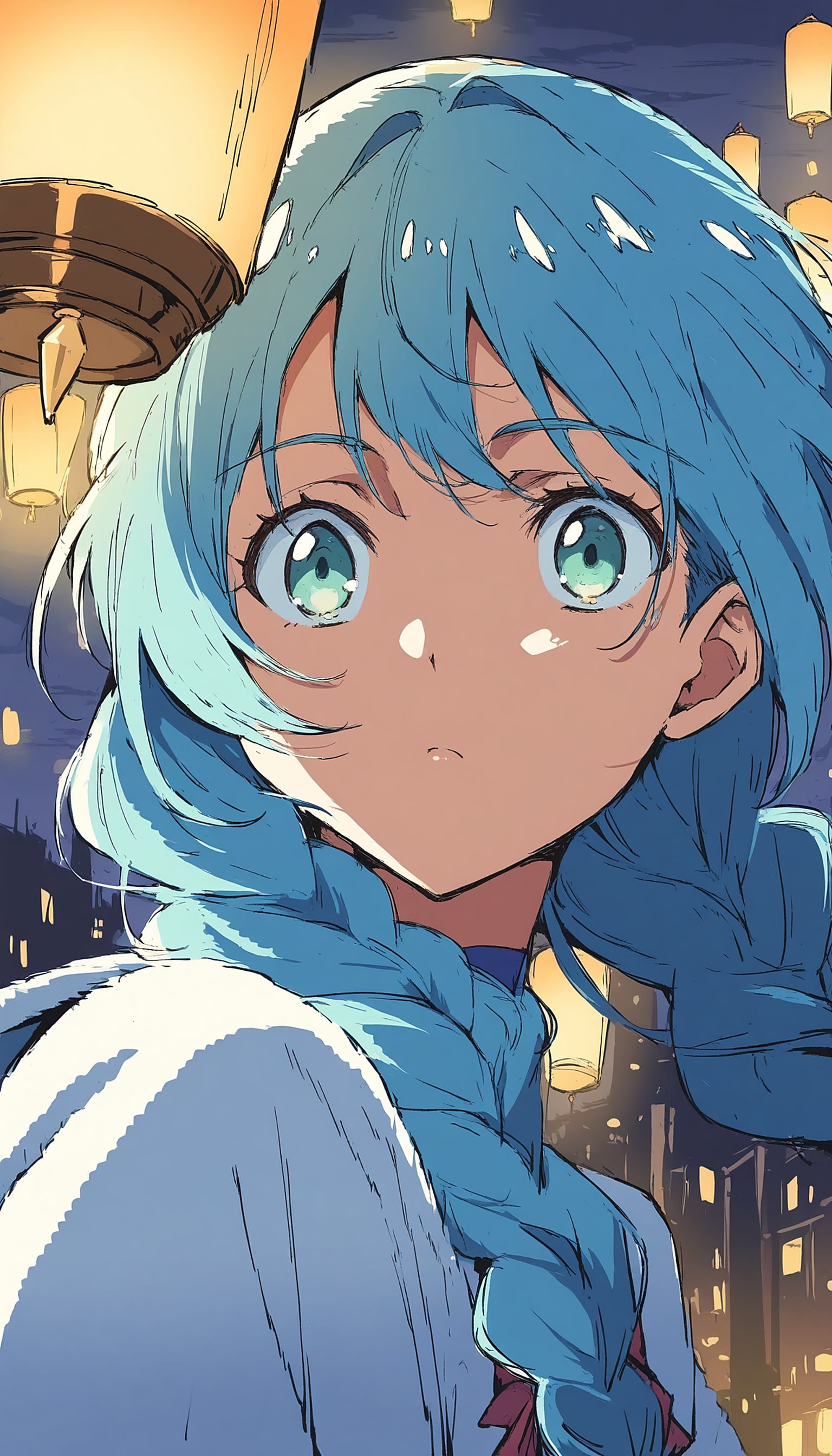 Anime Girl Blue Hair Lantern Night Sky Wallpaper, anime girl, blue hair, lanterns, night sky, cityscape, anime art