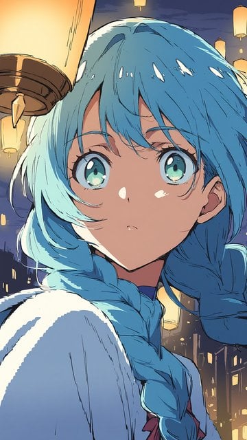 Anime Girl Blue Hair Lantern Night Sky Wallpaper