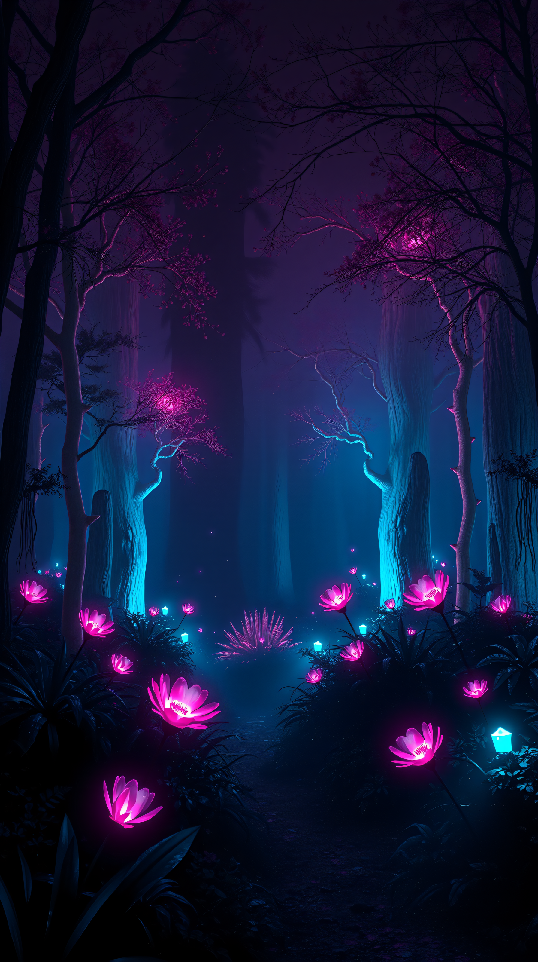 Neon Lumina Forest: Glowing Magenta Flowers, enchanted forest, fantasy woods, glowing flowers, neon forest, magenta, indigo