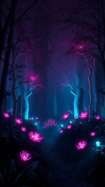 Neon Lumina Forest: Glowing Magenta Flowers