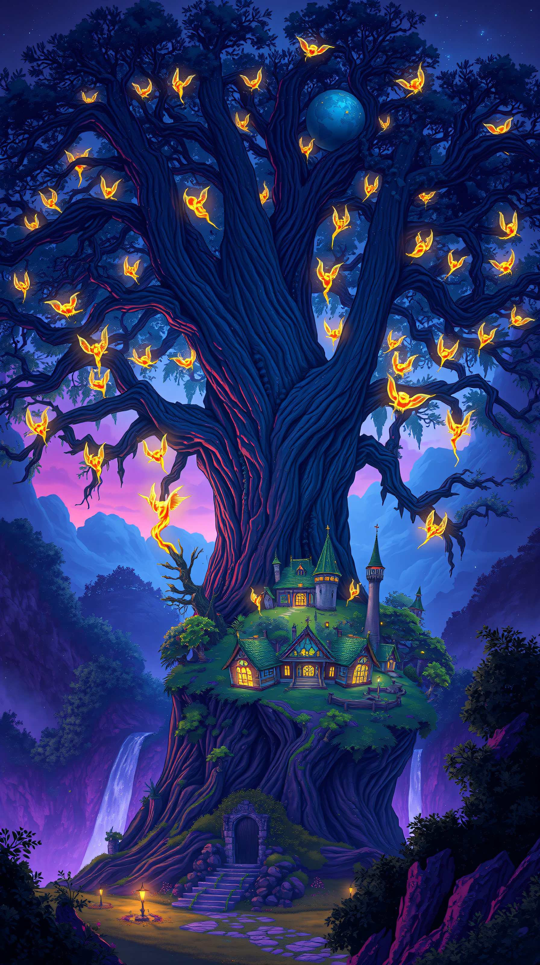Mystical Giant Tree Village Night Wallpaper, fantasy tree, enchanted forest, magic village, glowing fairies, night landscape, purple sky